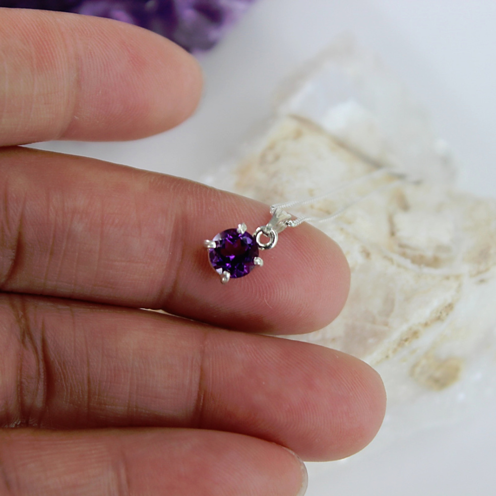 Amethyst Round Tiny Charm Pendant, Sterling Silver